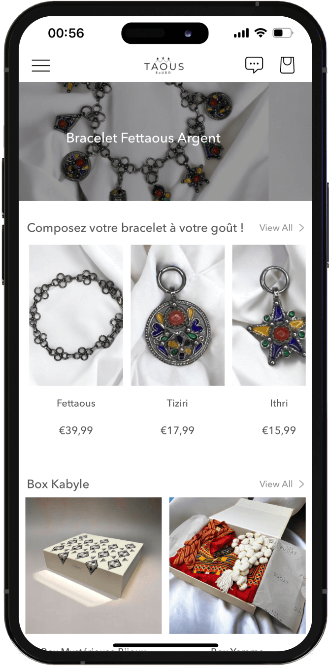 Page mobile de Taous App