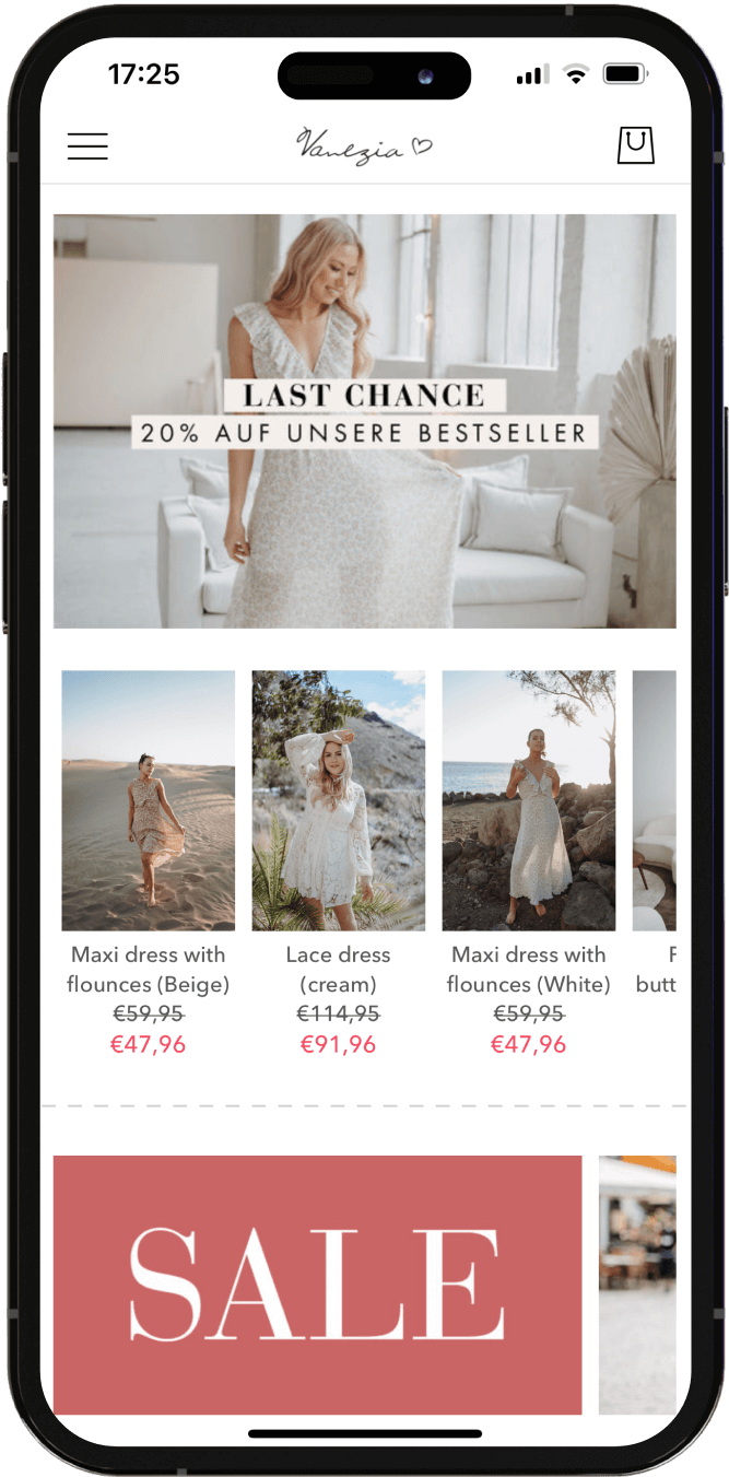 Mobile App-Seiten von Vanezia