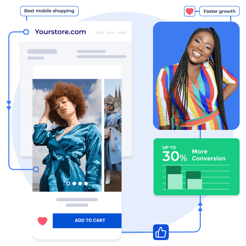 add-to-cart page of an app and a graph showing up to %30 more conversion 