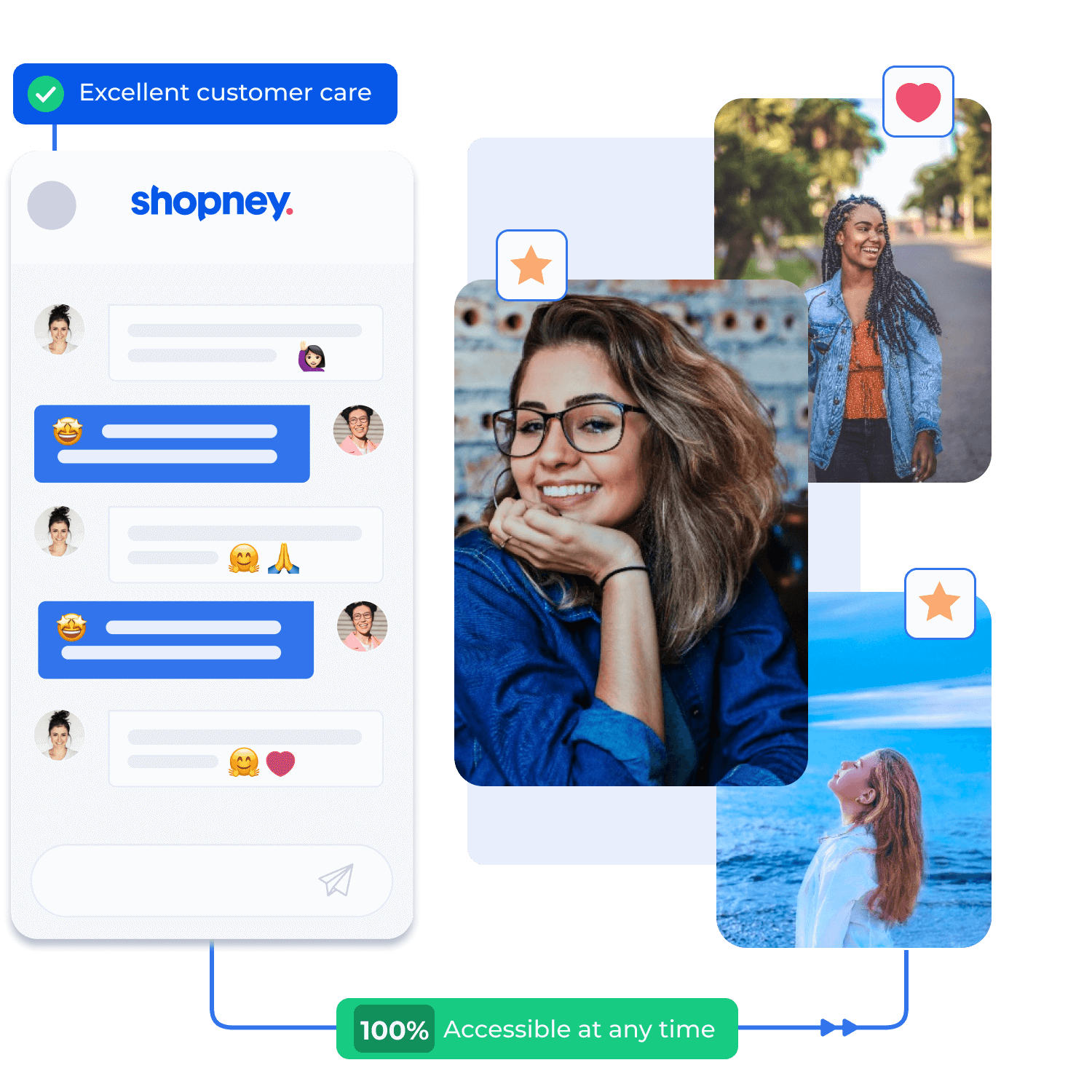 Customer support chat, supported by happy customer photos