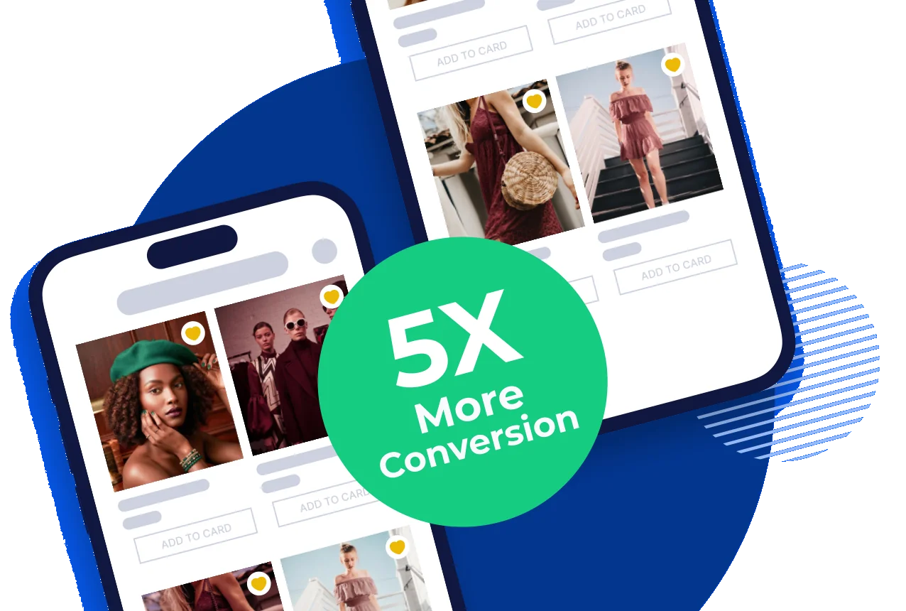 Two phones showing a Shopify store's app with a 5X More Conversion badge