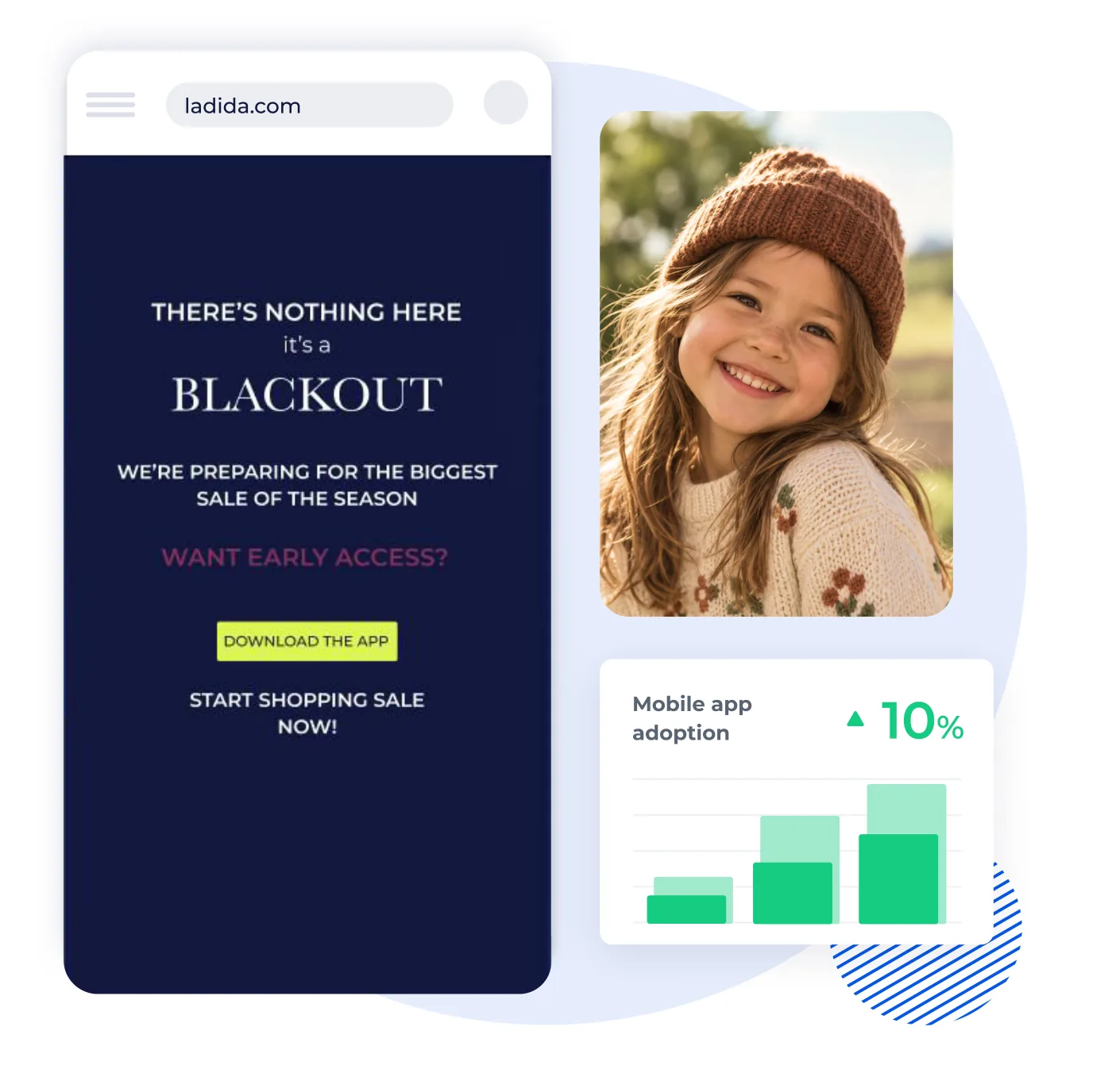 Ladida's mobile website during BFCM sending shoppers to its app, next to a chart showing a 10% rise in mobile app adoption