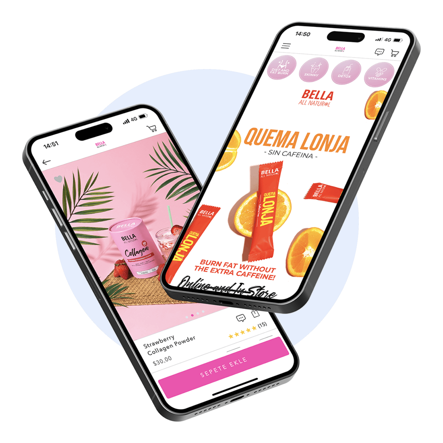 Páginas de la app móvil de Bella All Natural