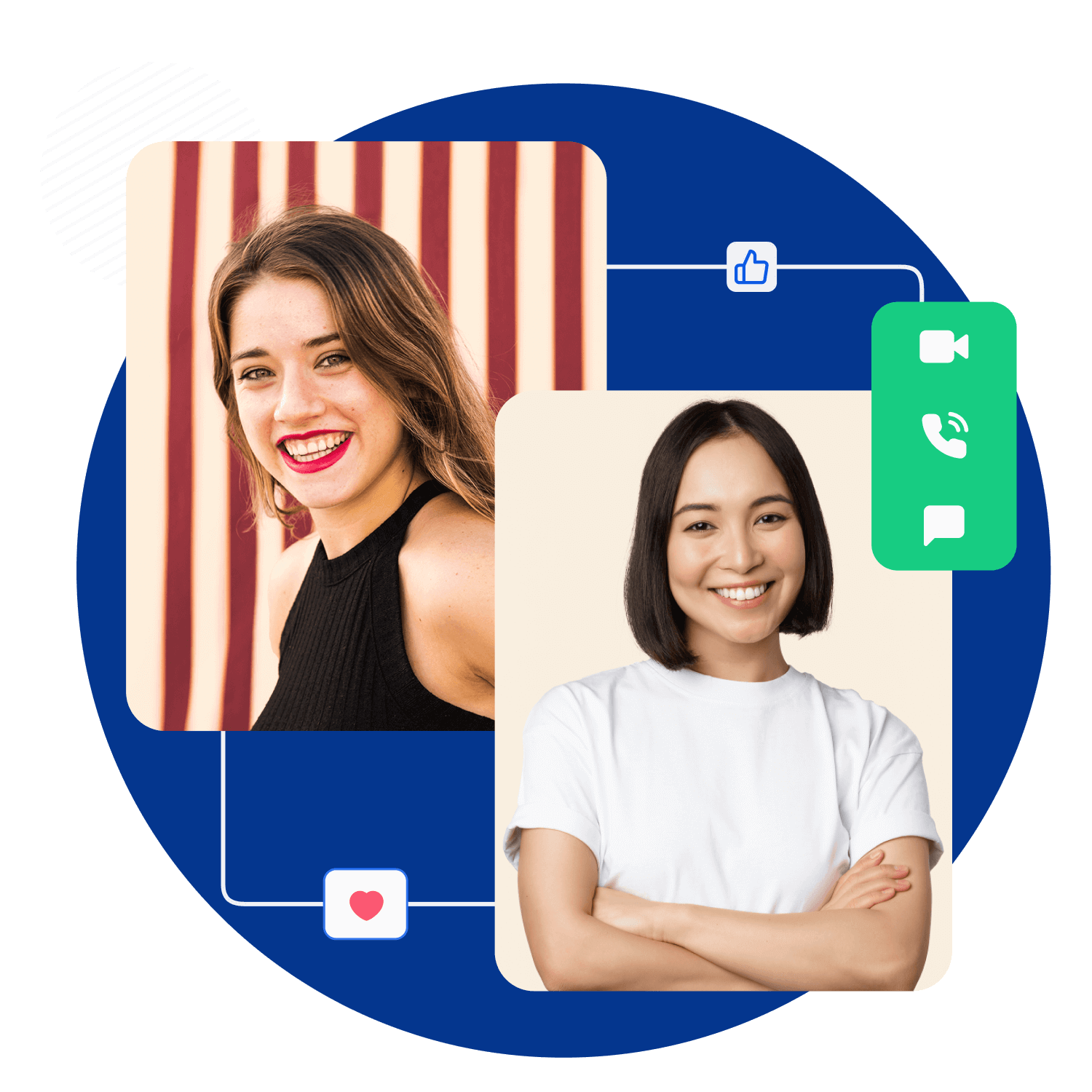 Two smiling women with social media and communication icons.