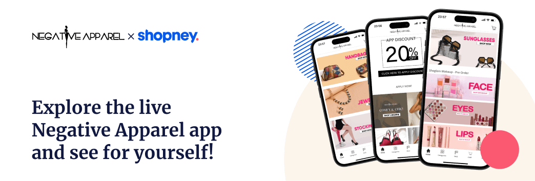 different mobile pages of Negative Apparel app