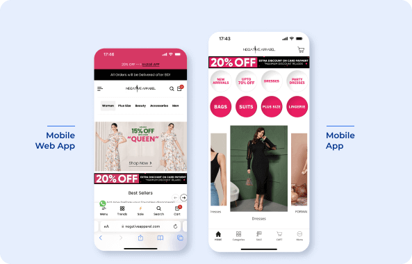 home page of Negative Apparel on Mobile app vs mobile web app