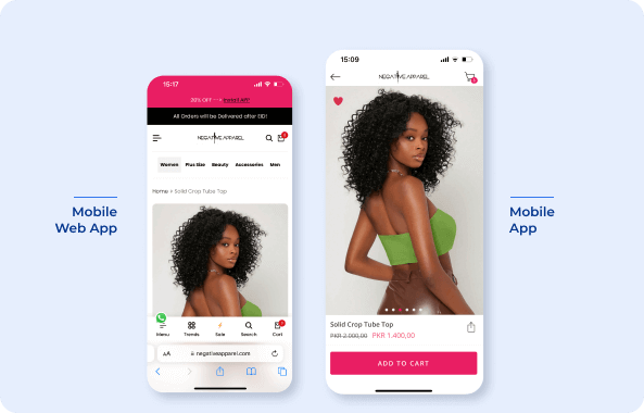 Product page of Negative Apparel on Mobile app vs mobile web app