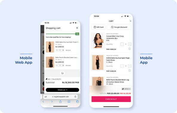 checkout page of Negative Apparel on Mobile app vs mobile web app
