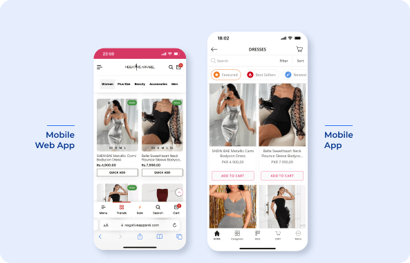 collection page of Negative Apparel on Mobile app vs mobile web app