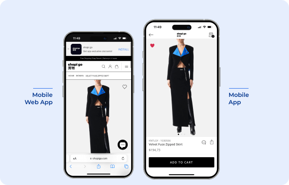 product page of Shopigo on Mobile app vs mobile web app
