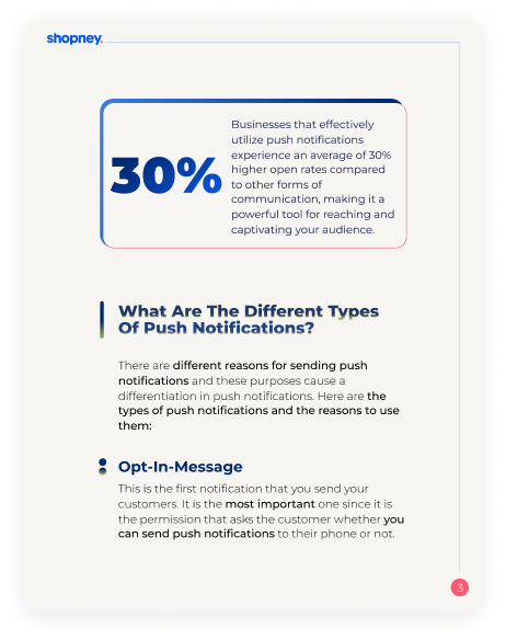 A page of Effective Push Notifications & Best Practices ebook for Shopify merchants that includes an impressive data about push notifications