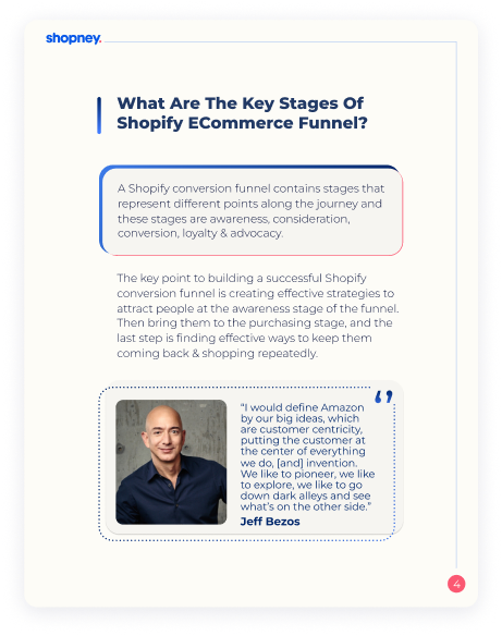 A page of Shopify Conversion Funnel Optimization ebook for Shopify merchants that includes a Jeff Bezos quote on it