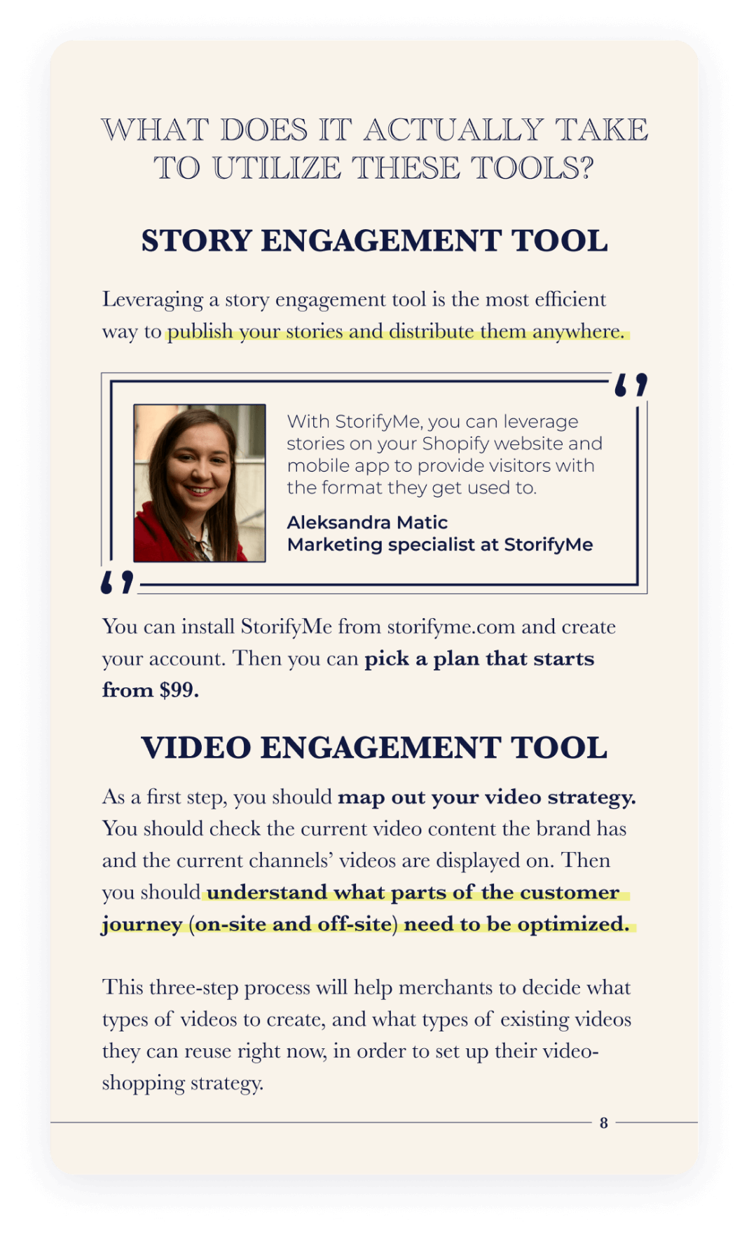 A page of Shopify Merchant's Bedside Book - Customer Engagement section that explains story engagement tool and video engagement tool