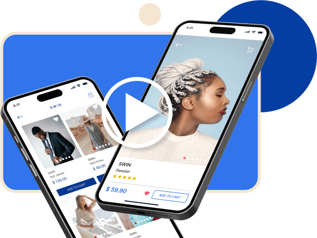 Two mobile app images that shows some clothes with a video player image