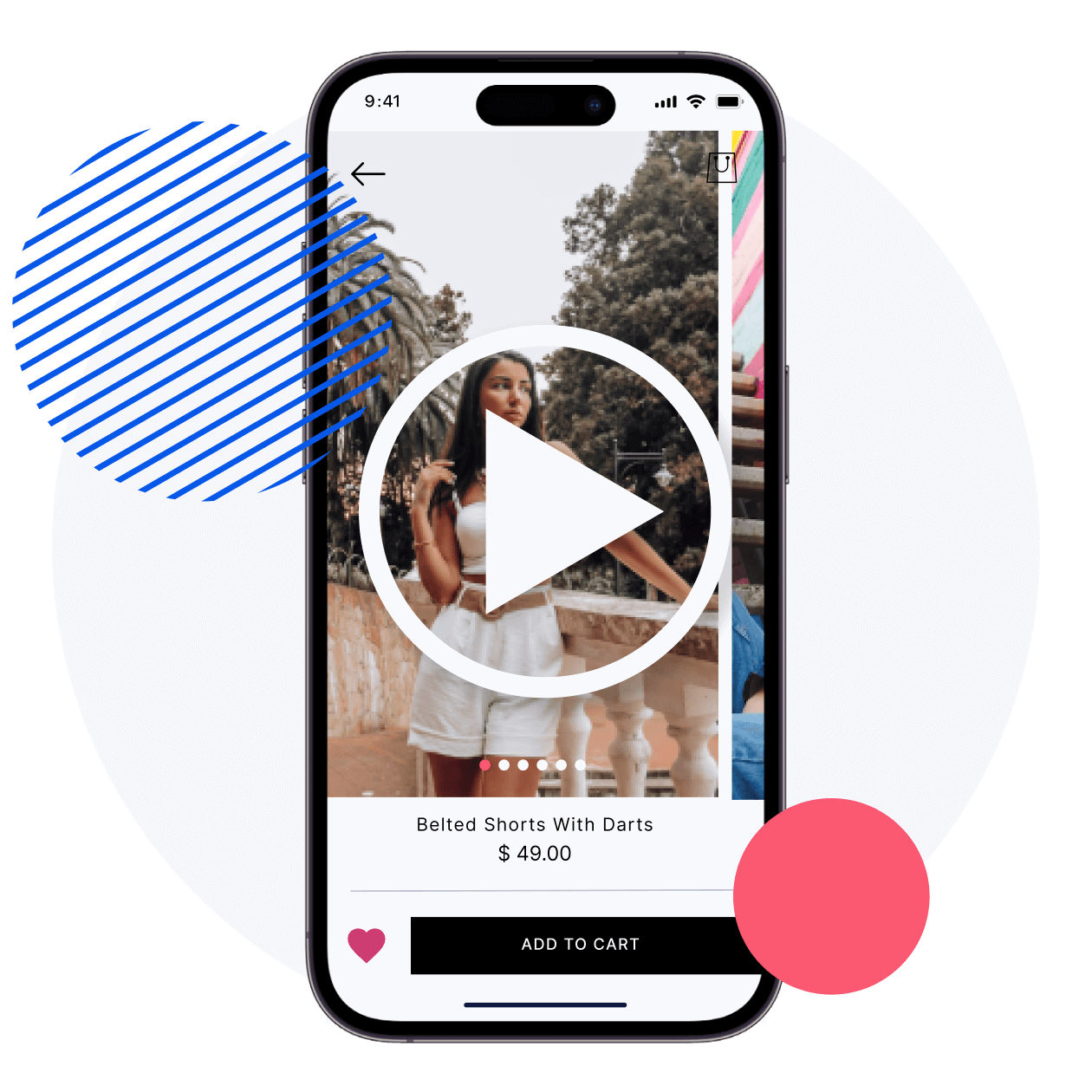 a mobile app add to cart page with a video player icon on it
