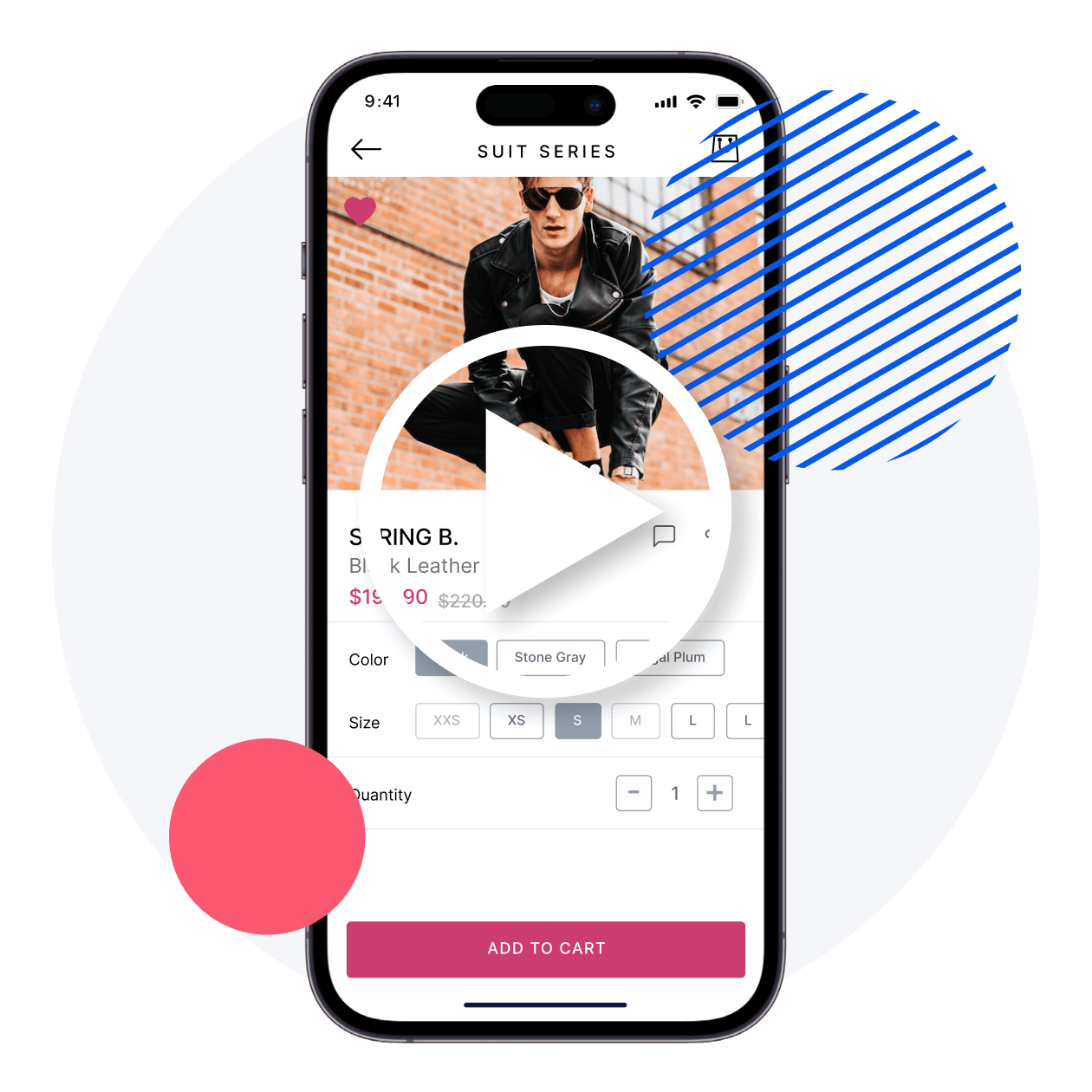 add to cart page of Suit Series app with a video player icon on it
