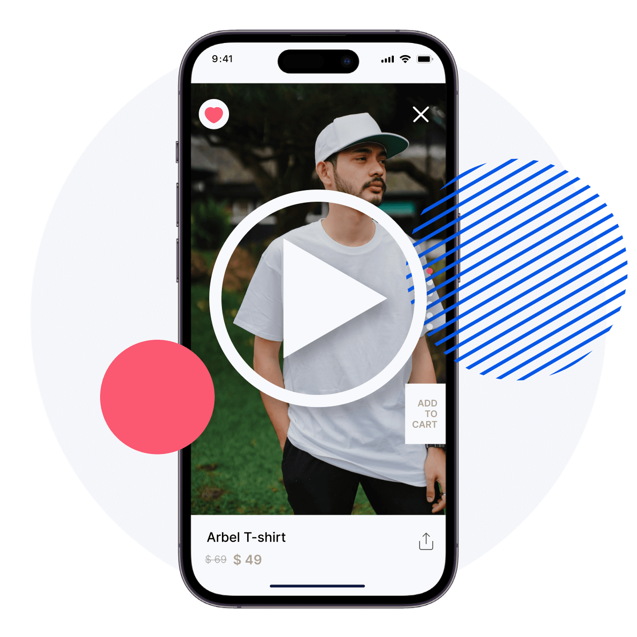 product page of a mobile app with a video player icon on it