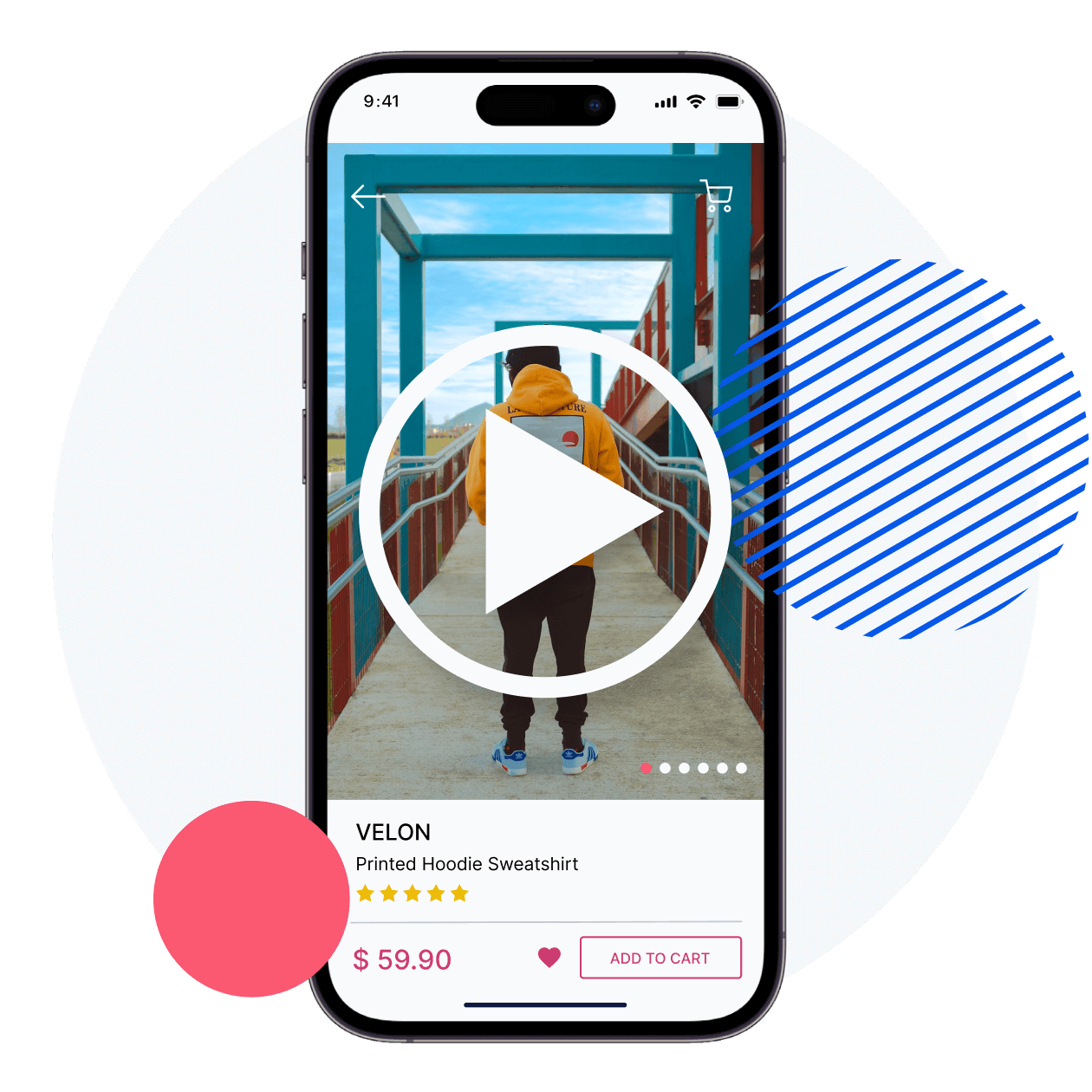 add to cart page of a mobile app with a video player icon on it