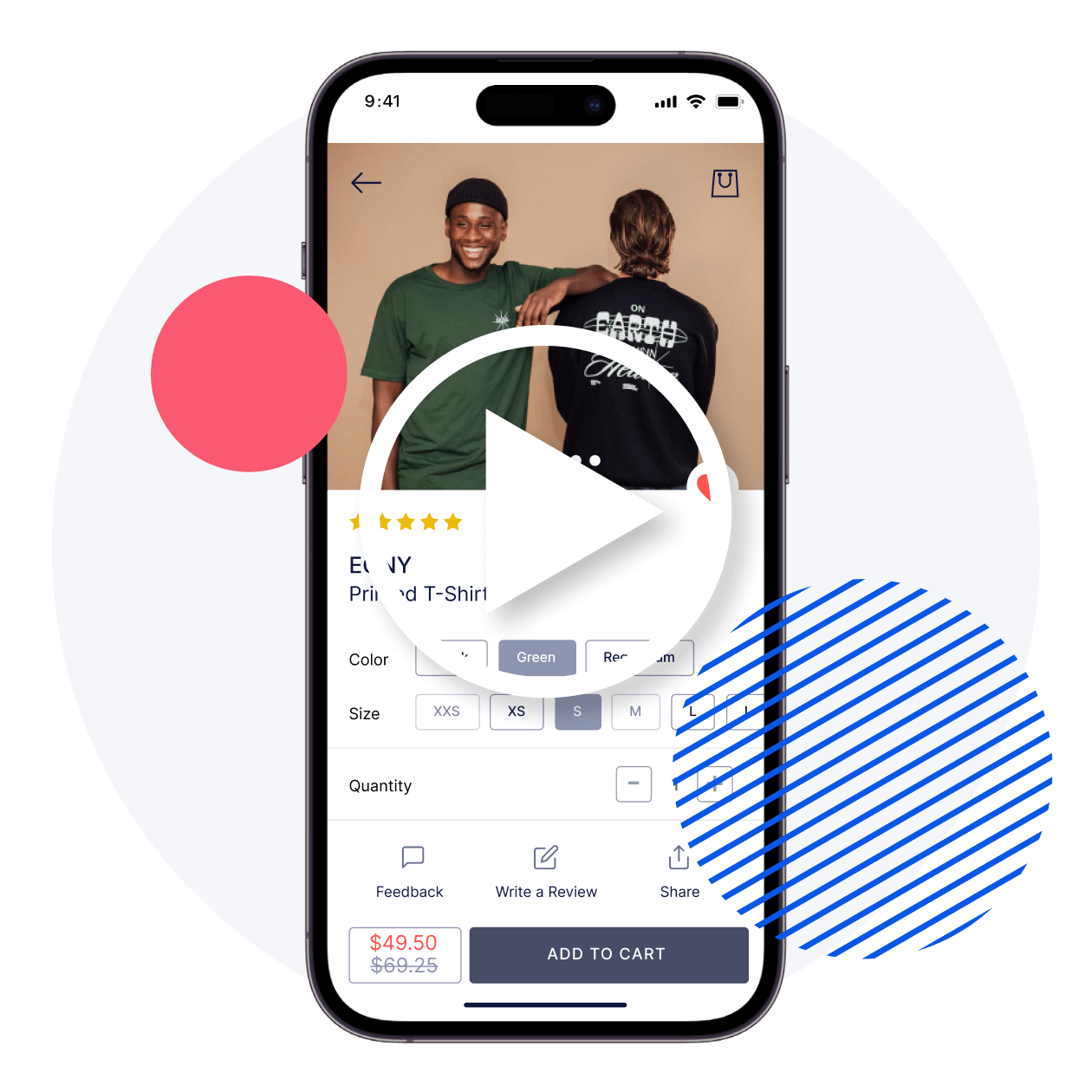 product page of a mobile app that shows color, size and quantity options with a video player icon on it