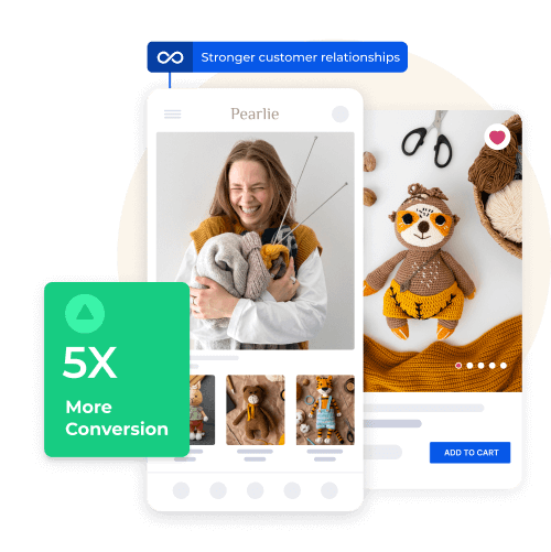 Smiling woman holding knitted crafts, showcasing a 5x conversion boost with a vibrant mobile app, emphasizing stronger customer relationships