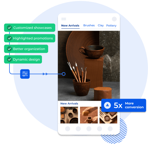 Mobile app showcasing pottery products with customized displays, highlighted promotions, and dynamic design, driving 5x more conversions.