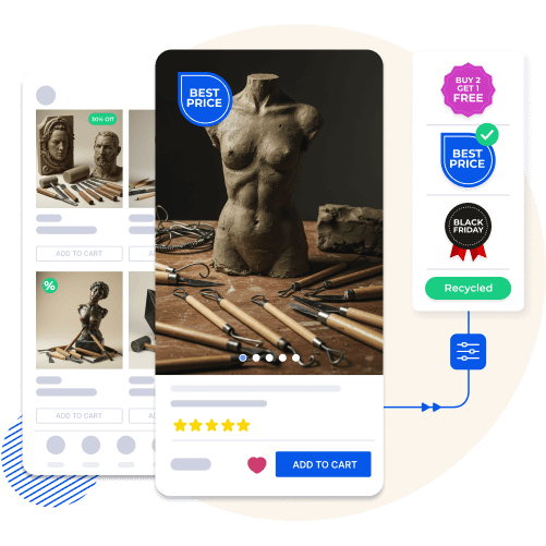 Mobile app displaying artistic clay sculptures and tools with best price badges, eco-friendly labels, and special offers for an engaging shopping experience.