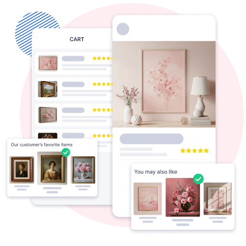 Mobile app showcasing elegant wall art and decor with personalized recommendations like 'Customer Favorites' and 'You May Also Like,' enhancing shopping experiences and boosting customer satisfaction.