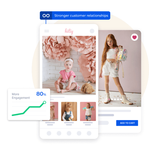 Mobile app interface showcasing baby and kids' apparel collections, designed to enhance customer engagement by 80%, build stronger relationships, and simplify shopping experiences.