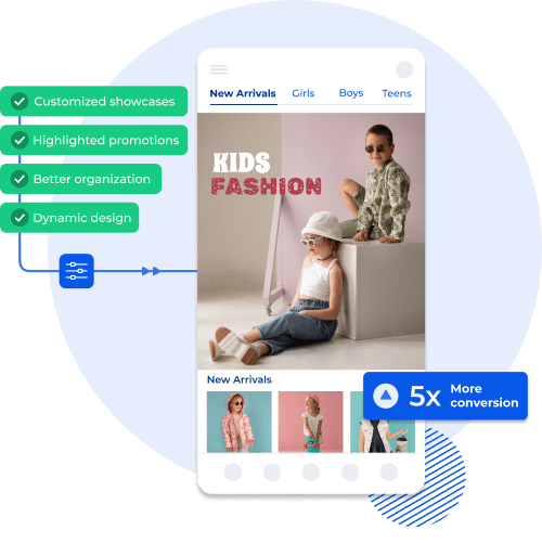 Mobile app showcasing a kids' fashion store with features like customized showcases, highlighted promotions, better organization, and dynamic design, leading to 5x higher conversions.