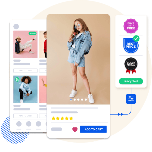 Image showcasing a kid's fashion mobile app interface with vibrant labels like 'Buy 2 Get 1 Free,' 'Best Price,' and 'Black Friday,' highlighting new arrivals and special offers for a seamless shopping experience.