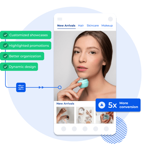 Mobile app featuring customized showcases, highlighted promotions, and dynamic design, driving 5x more conversions.