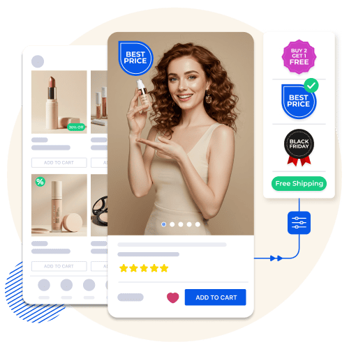 Highlighting beauty products with attractive badges like 'Best Price' and 'Free Shipping' to boost visibility and drive purchases.