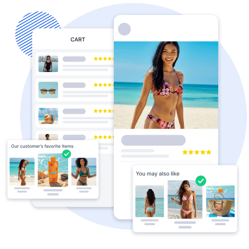 Mobile app showcasing personalized recommendations for beachwear and accessories, enhancing customer experience with curated suggestions like “Our customer's favorite items” and “You may also like.