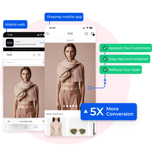 Comparison of Shopney's mobile app and mobile web app showcasing a seamless shopping experience with enhanced visuals and functionality.