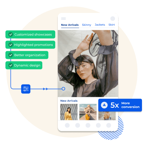 Mobile app featuring customized showcases, highlighted promotions, and dynamic design, driving 5x more conversions.