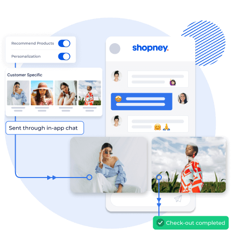In-app chat showcasing personalized product recommendations and customer interactions, leading to a completed checkout.