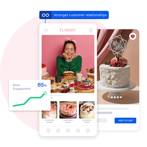 Mobile app interface showcasing a food and dessert collection, featuring a smiling customer surrounded by cakes and pastries. A graph indicates 85% engagement growth, highlighting stronger customer relationships.