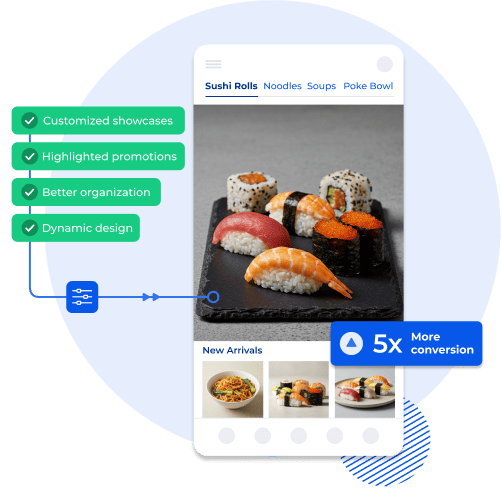 Mobile app interface showcasing sushi with customized showcases, highlighted promotions, and dynamic design for better organization, driving 5x more conversions.