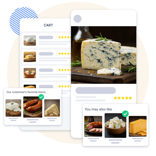 Product recommendation feature on a mobile app showcasing related cheese and sausage products in the cart and 'you may also like' section for enhanced cross-selling opportunities.