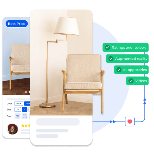 Mobile app showcasing a stylish chair with features like videos, in-app stories, augmented reality, and customer ratings to enhance the shopping experience and drive engagement.