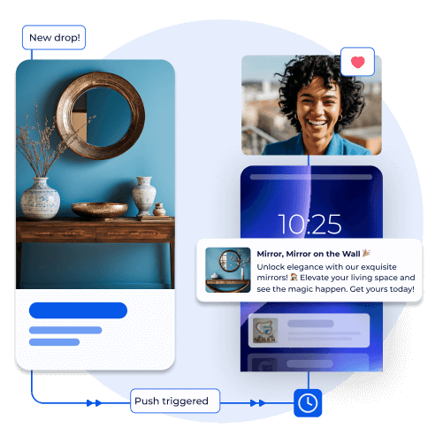 Push notification triggered for home decor promotion, highlighting elegant mirror collections and driving customer engagement through timely updates.