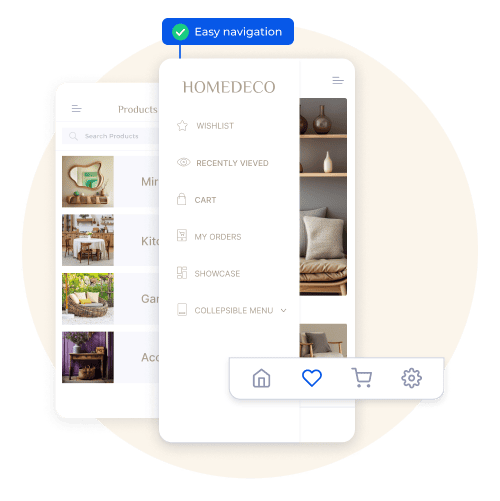 User-friendly navigation menu for a home and decor app, featuring wishlist, recently viewed items, cart, and collapsible categories for seamless browsing.