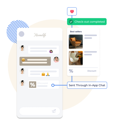 Mobile app interface showing in-app chat used to send personalized discounts and best-seller recommendations.