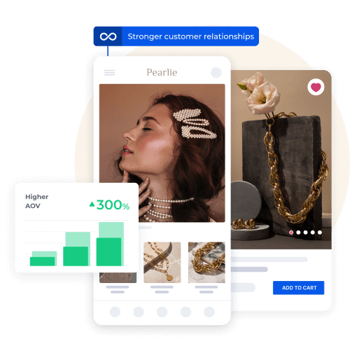 Mobile shopping interface showcasing pearl and gold jewelry products, highlighting a 300% increase in Average Order Value (AOV). 