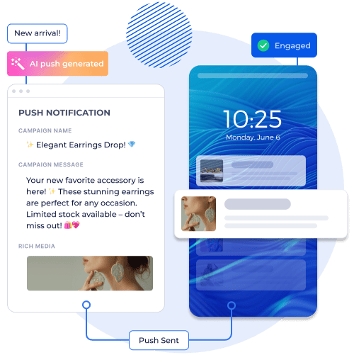Push notification showcasing a campaign for elegant earrings. The notification highlights limited stock and promotes engagement with a visually appealing accessory image on a mobile interface.