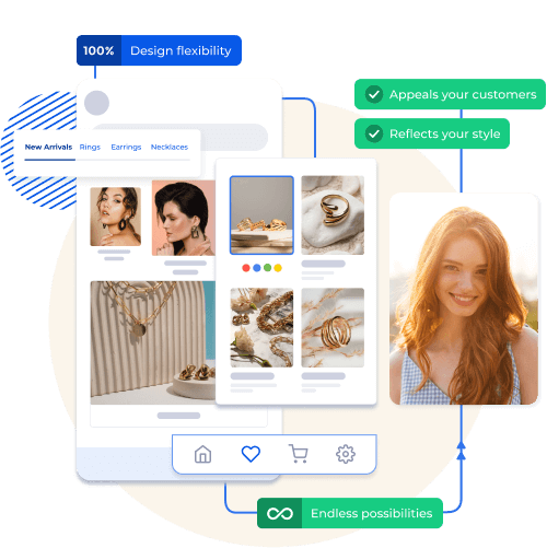 Customizable jewelry showcase in a mobile app featuring various design layouts, product categories, and vibrant visuals.