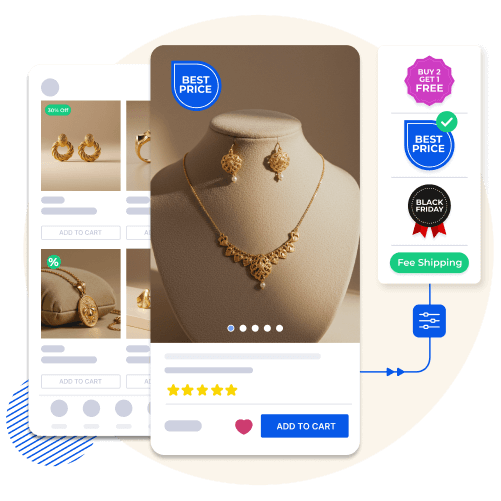 A mobile app showcasing a jewelry product page featuring a gold necklace set, highlighted with badges such as 