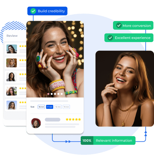 Jewelry-focused mobile app displaying customer reviews and product details. The interface features size options, ratings, and reviews, enhancing trust and encouraging conversions.