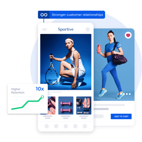 Sports equipment mobile app showcasing products like tennis rackets, gym gear, and accessories, highlighting 10x higher customer retention and stronger customer relationships.
