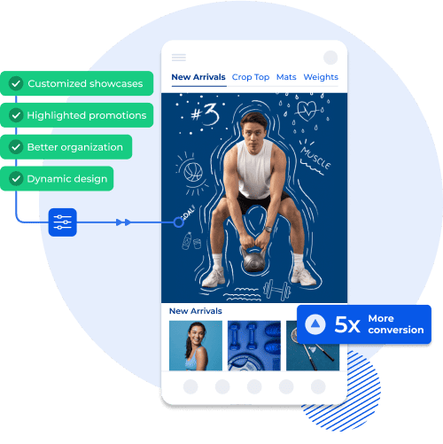 Dynamic mobile app design for sports equipment showcasing customized displays, highlighted promotions, and better organization – boosting conversions by 5x.